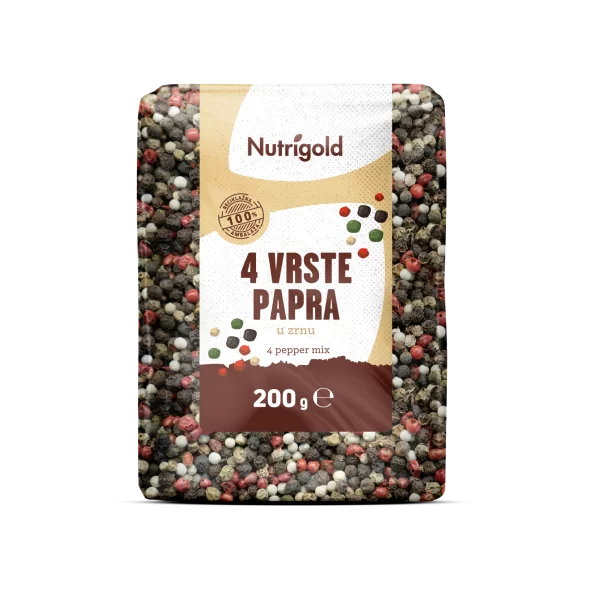 Nutrigold mešanica 4 vrst popra v zrnu v prozorni plastični embalaži, 200g.