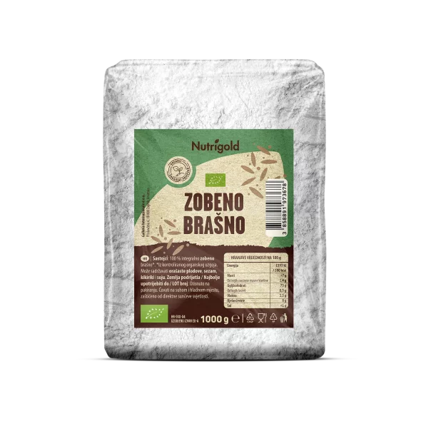 Nutrigold ekološka ovsena moka v rjavi papirnati embalaži, 1000g.