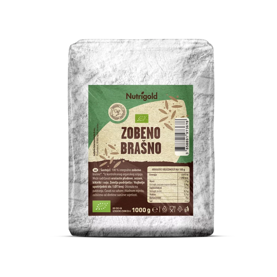 Nutrigold ekološka ovsena moka v rjavi papirnati embalaži, 1000g.