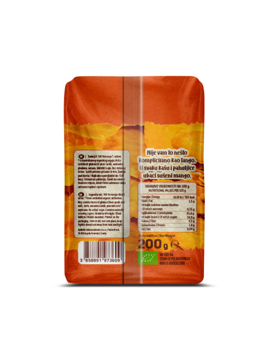 Nutrigold ekološki sušen mango v prozorni plastični embalaži, 200g.