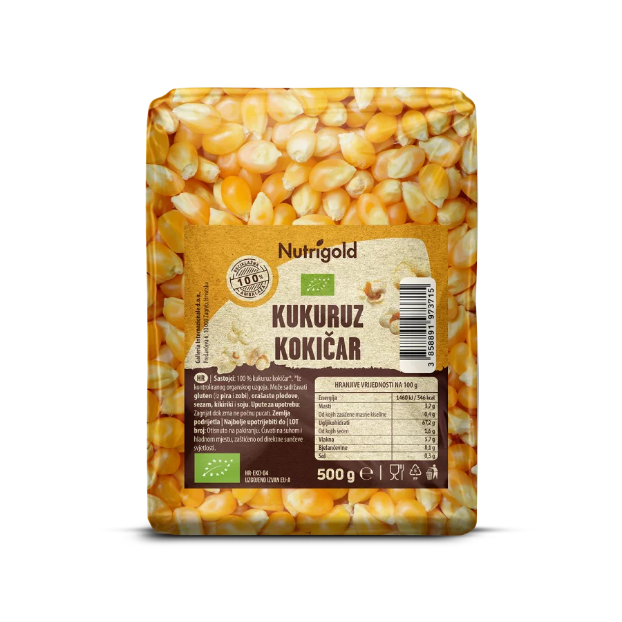 Nutrigold Kukuruz kokičar - Organski u prozirnoj plastičnoj ambalaži 500g