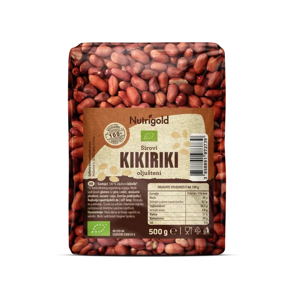 Nutrigold ekološki arašidi v 500 gramski prozorni plastični embalaži.