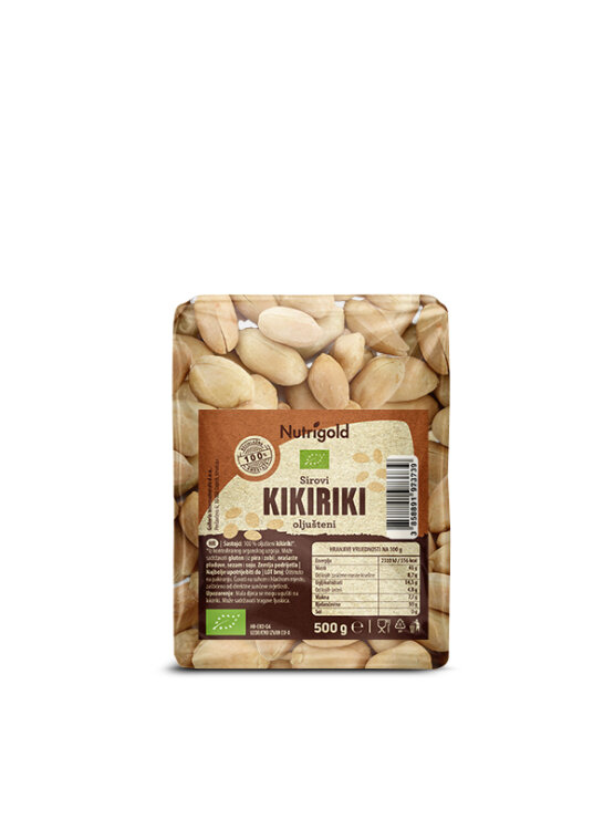 Nutrigold ekološki arašidi v 500 gramski prozorni plastični embalaži.