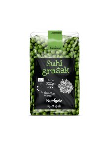 Nutrigold ekološki suhi zeleni grah v prozorni plastični embalaži, 500g.