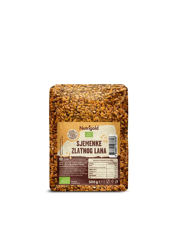 Nutrigold ekološka zlata lanena semena v prozorni plastični embalaži, 500g.