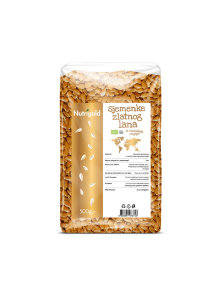 Nutrigold ekološka zlata lanena semena v prozorni plastični embalaži, 500g.