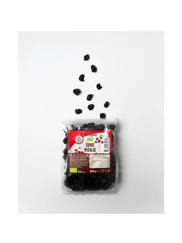 Nutrigold ekološke suhe višnje v prozorni plastični embalaži, 250g.