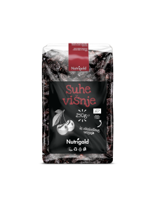 Nutrigold ekološke suhe višnje v prozorni plastični embalaži, 250g.