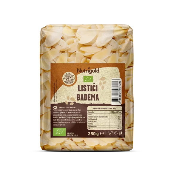 Nutrigold ekološki mandljevi listi v prozorni plastični embalaži, 250g.