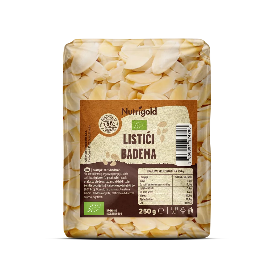 Nutrigold ekološki mandljevi listi v prozorni plastični embalaži, 250g.