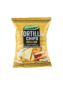 Dennree ekološki slani tortilja čips v plastični embalaži, 125g.