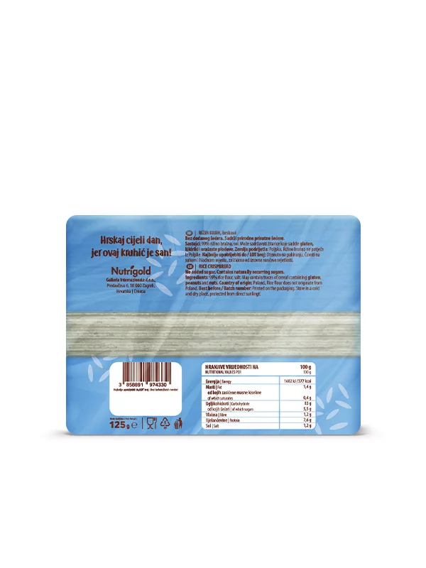 Nutrigold hrustljavi riževi kruhki brez dodanega sladkorja v plastični embalaži, 125g.