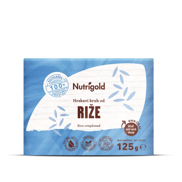 Nutrigold hrustljavi riževi kruhki brez dodanega sladkorja v plastični embalaži, 125 g.