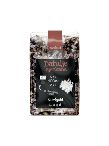 Nutrigold ekološki sesekljani datlji v prozorni plastični embalaži, 500g.