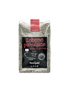 Nutrgold ekološki drobni ovesni kosmiči v prozorni plastični embalaži, 500g.