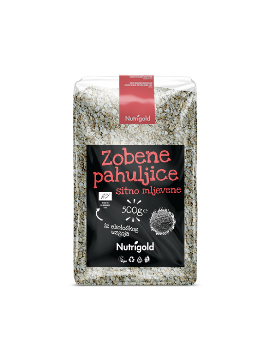 Nutrgold ekološki drobni ovesni kosmiči v prozorni plastični embalaži, 500g.
