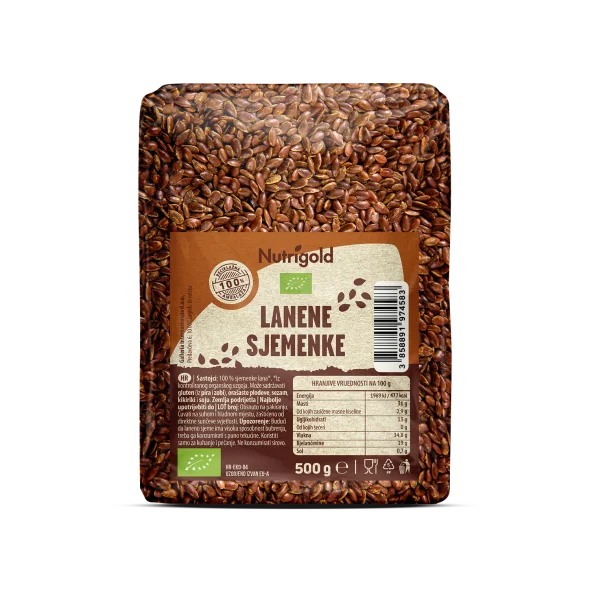 Nutrigold ekološka lanena semena v prozorni plastični embalaži, 500g.