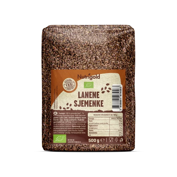 Nutrigold ekološka lanena semena v prozorni plastični embalaži, 500g.