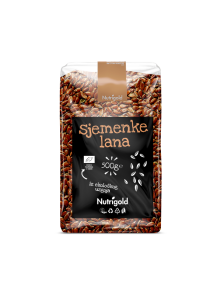 Nutrigold ekološka lanena semena v prozorni plastični embalaži, 500g.