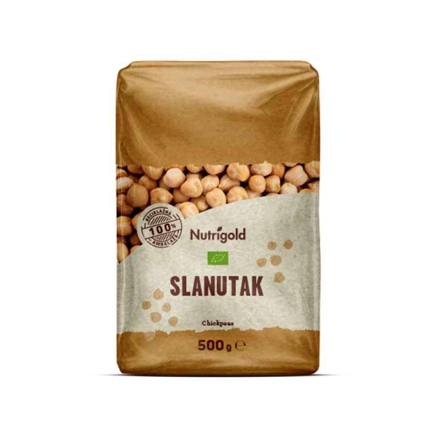 Nutrigold ekološka čičerika v prozorni plastični embalaži, 500g.