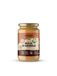 Nutrigold ekološko hrusltjavo arašidovo maslo v 350 gramski stekleni embalaži.
