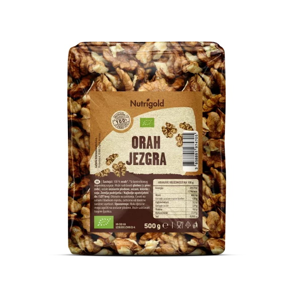 Nutrigold ekološka orehova jedrca v prozorni plastični embalaži, 500g.
