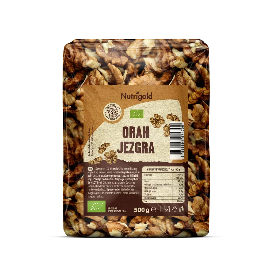 Nutrigold ekološka orehova jedrca v prozorni plastični embalaži, 500g.