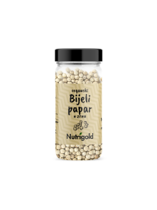 Nutrigold ekološki beli poper v 50 gramski prozorni stekleni embalaži.