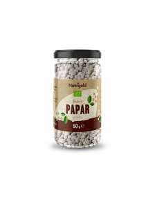 Nutrigold ekološki beli poper v 50 gramski prozorni stekleni embalaži.