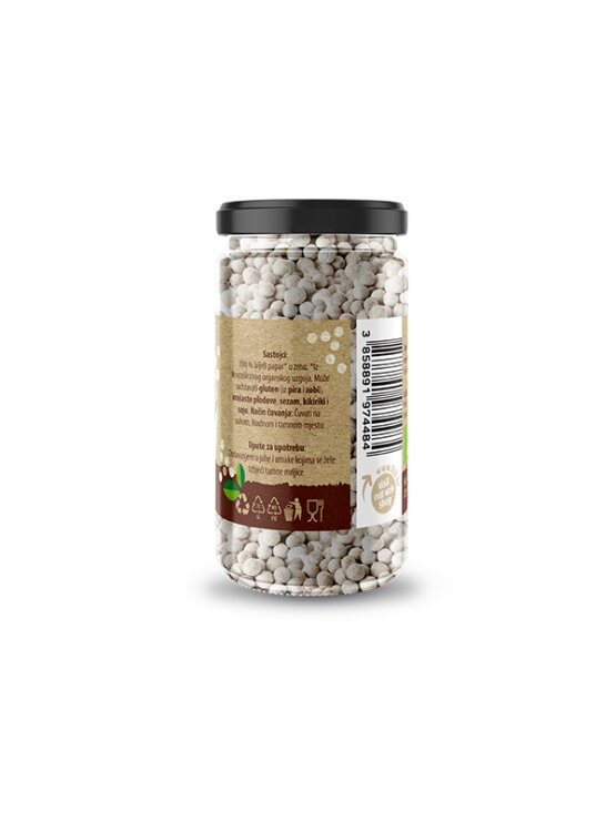 Nutrigold ekološki beli poper v 50 gramski prozorni stekleni embalaži.