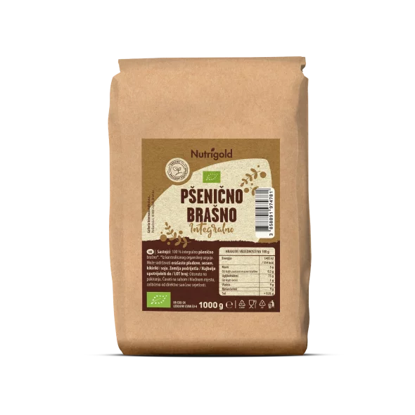 Nutrigold polnozrnata pšenična moka v rjavi papirnati embalaži, 1000g.