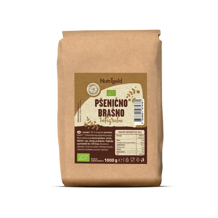 Nutrigold polnozrnata pšenična moka v rjavi papirnati embalaži, 1000g.