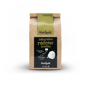 Nutrigold ekološka ržena moka v rjavi papirnati embalaži.