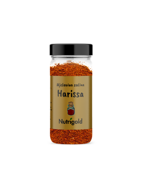 Nutrigold harissa mešanica začimb v 5o gramski steklenii embalaži.