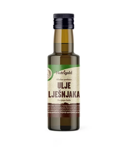Nutrigold hladno prešano ulje lješnjaka iz organskog uzgoja u staklenoj boci od 100 ml.