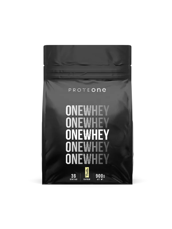 ProteONE ONEWHEY beljakovine z okusom vanilije v črni plastični embalaži, 900g.
