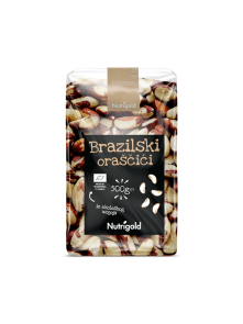 Nutrigold Ekološki brazilski oreščki v 500 gramski prozorni plastični embalaži.
