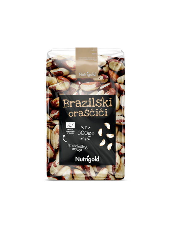 Nutrigold Ekološki brazilski oreščki v 500 gramski prozorni plastični embalaži.