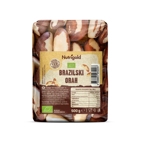 Nutrigold Ekološki brazilski oreščki v 500 gramski prozorni plastični embalaži.