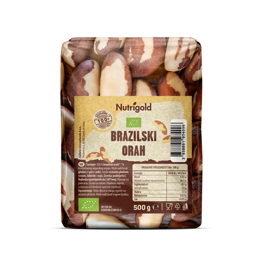 Nutrigold Ekološki brazilski oreščki v 500 gramski prozorni plastični embalaži.