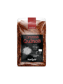 Nutrigold ekološka rdeča kvinoja v prozorni plastični embalaži, 500g.