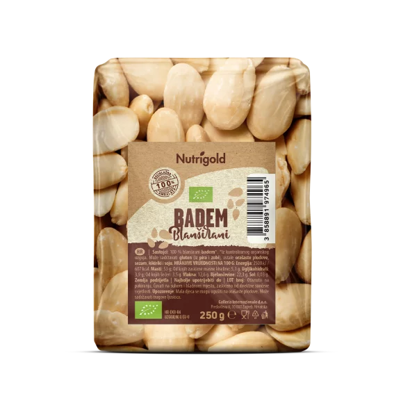 Nutrigold ekološki blanširani mandlji v 250 gramski prozorni embalaži