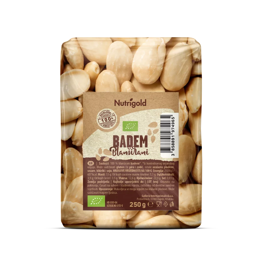 Nutrigold ekološki blanširani mandlji v 250 gramski prozorni embalaži