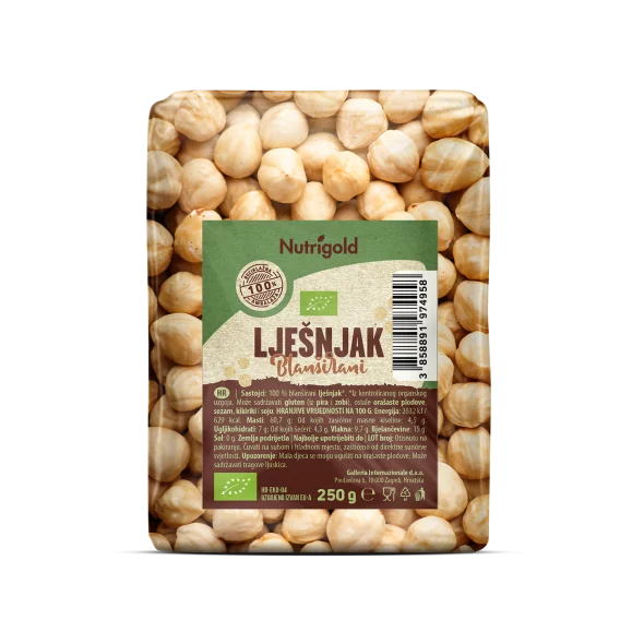 Nutrigold ekološki blanširani lešniki popečeni v 250 gramski prozorni embalaži