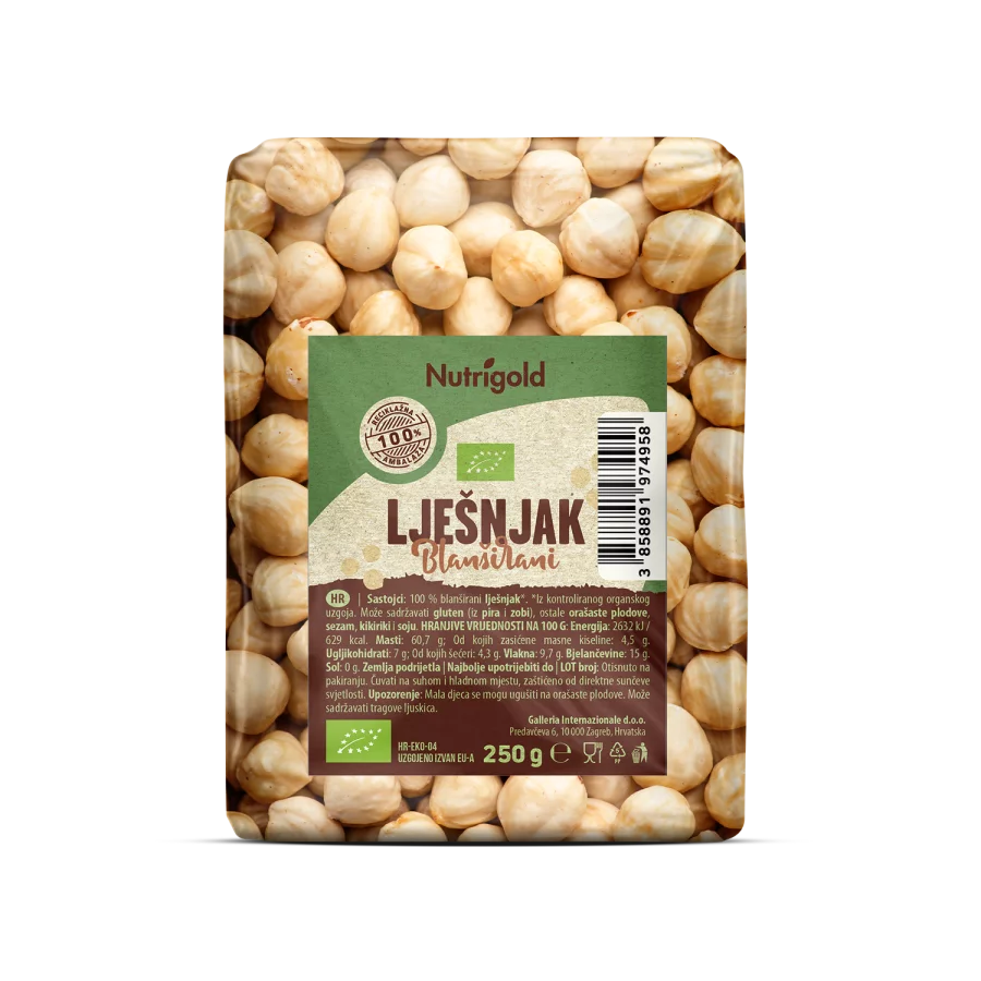 Nutrigold ekološki blanširani lešniki popečeni v 250 gramski prozorni embalaži
