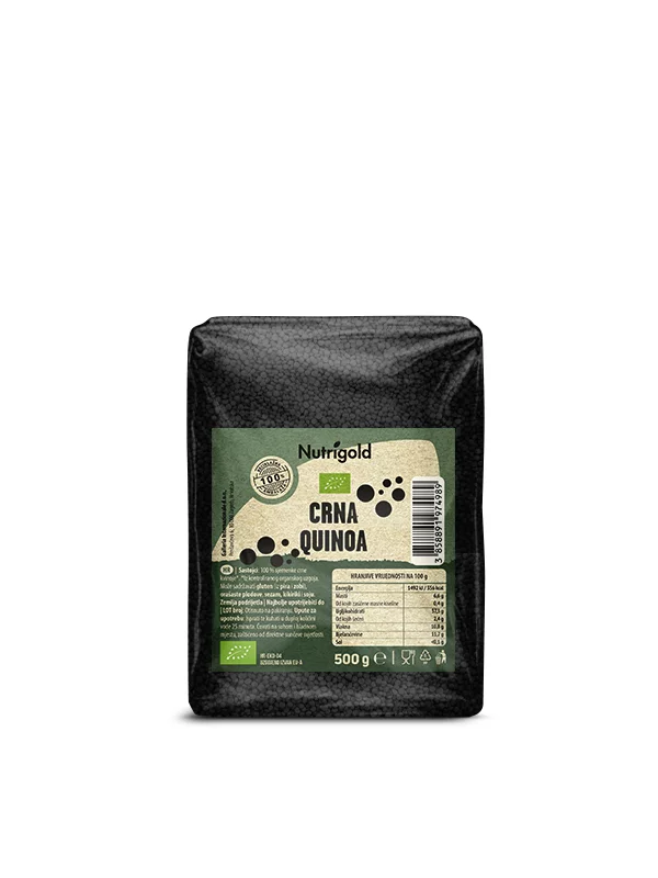 Nutrigold ekološka črna kvinoja v prozorni plastični embalaži, 500g.