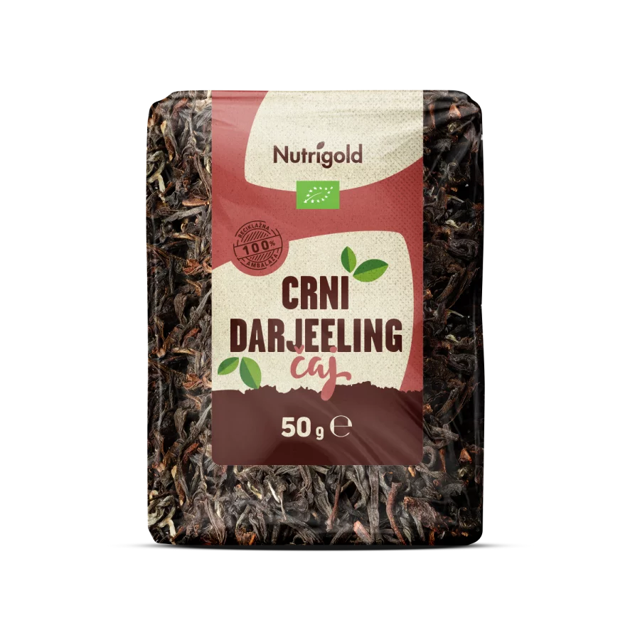 Nutrigold ekološki črni čaj Darjeeling v 50 gramski rjavi emblaži.