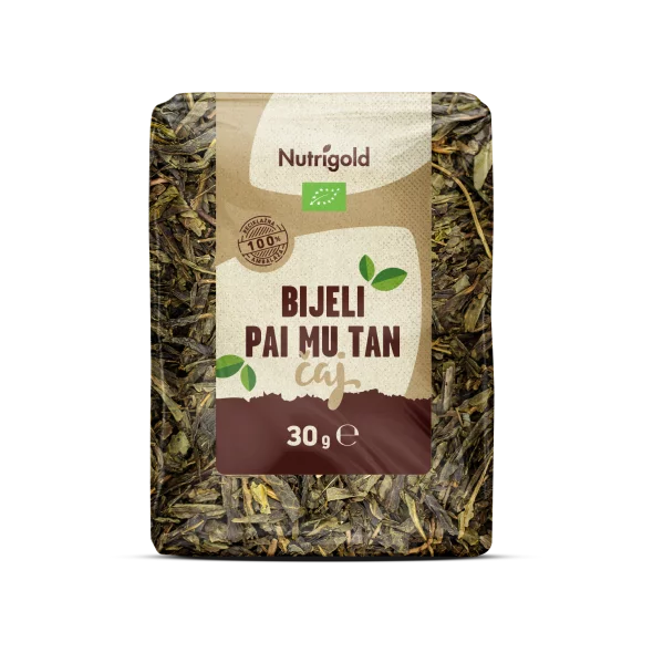 Nutrigold ekološki beli čaj Pai Mu Tan v 30 gramski embalaži.