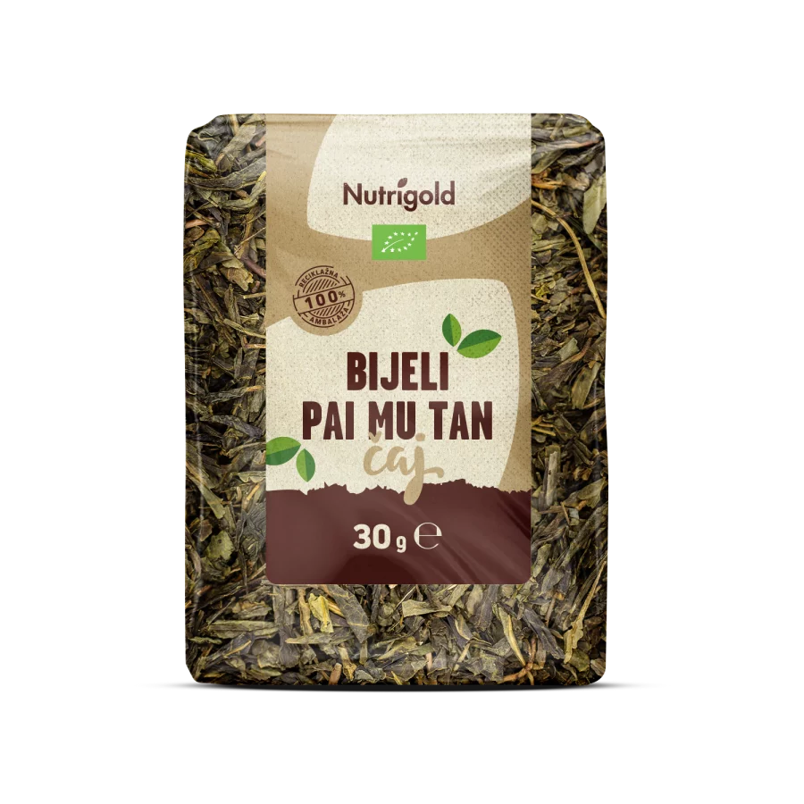 Nutrigold ekološki beli čaj Pai Mu Tan v 30 gramski embalaži.