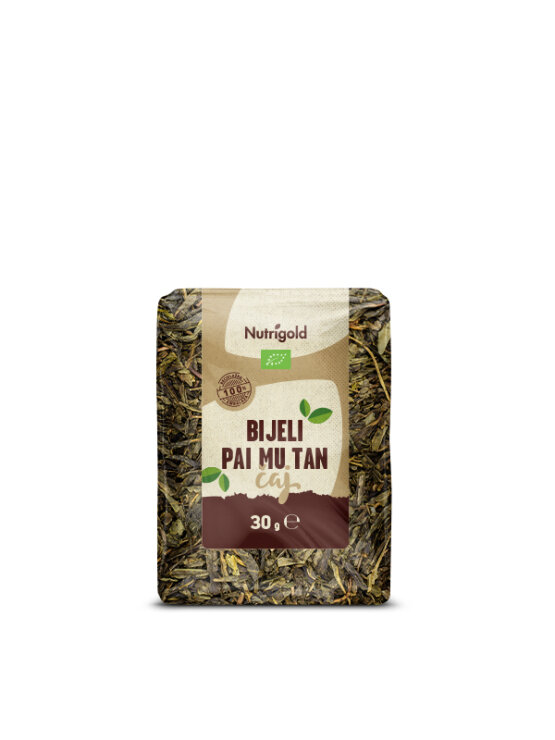 Nutrigold ekološki beli čaj Pai Mu Tan v 30 gramski embalaži.